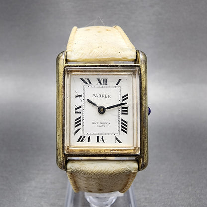 Parker Tank Watch Women 25mm White Dial Gold Tone Rectangle Manual Wind PARTS0