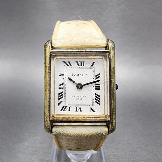 Parker Tank Watch Women 25mm White Dial Gold Tone Rectangle Manual Wind PARTS0