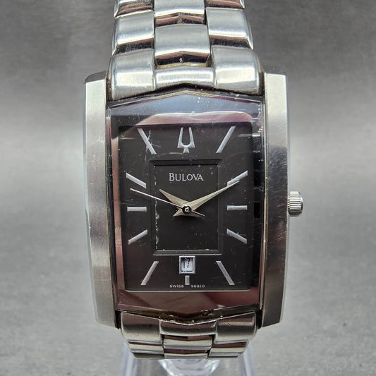 Bulova Tank Watch Men 26mm Black Dial Steel Date Rectangle 96G10 New Battery0