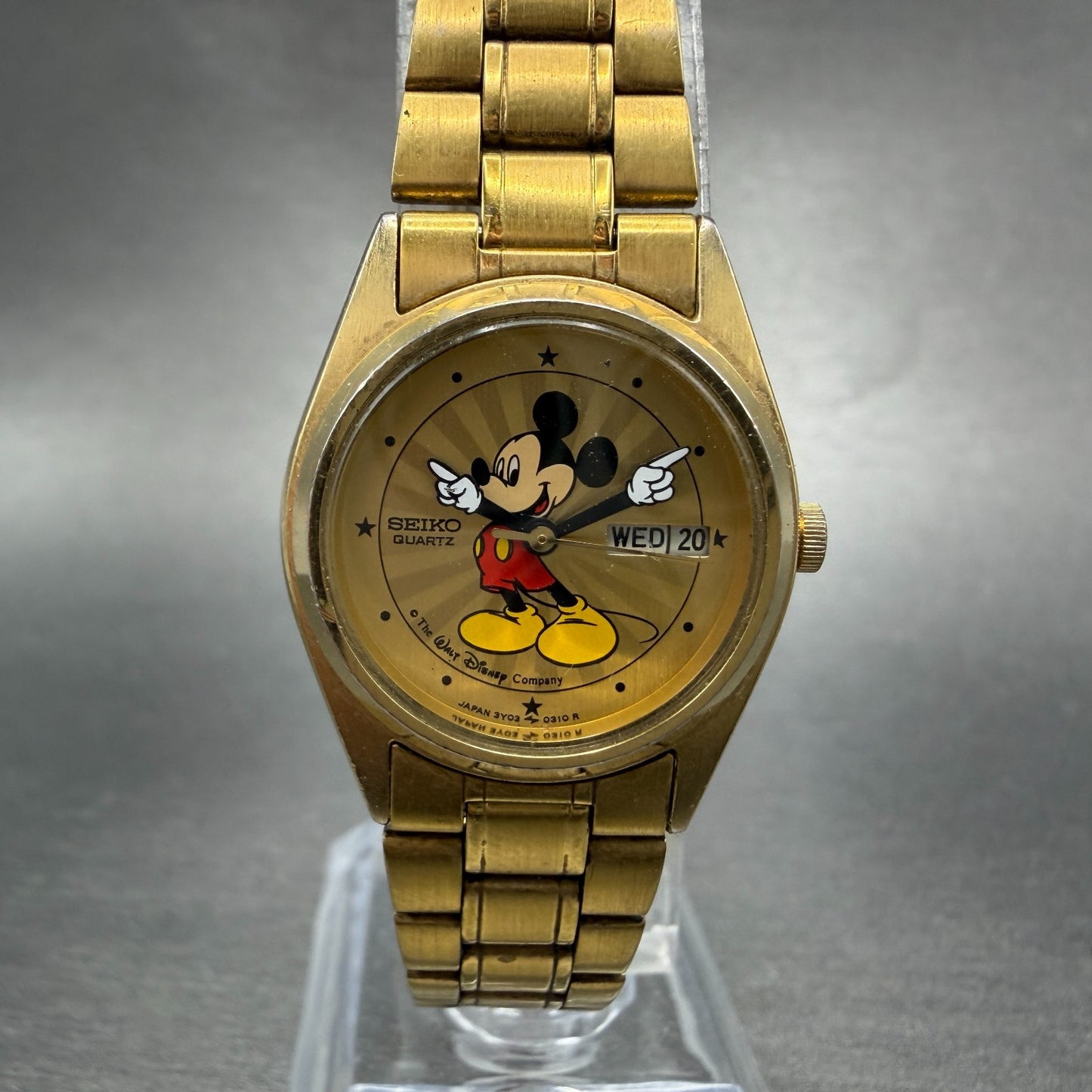 Seiko Mickey Mouse Watch Women 24mm Champagne Dial Gold Tone Daydate New Battery0