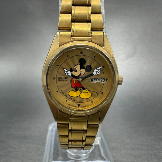 Seiko Mickey Mouse Watch Women 24mm Champagne Dial Gold Tone Daydate New Battery0