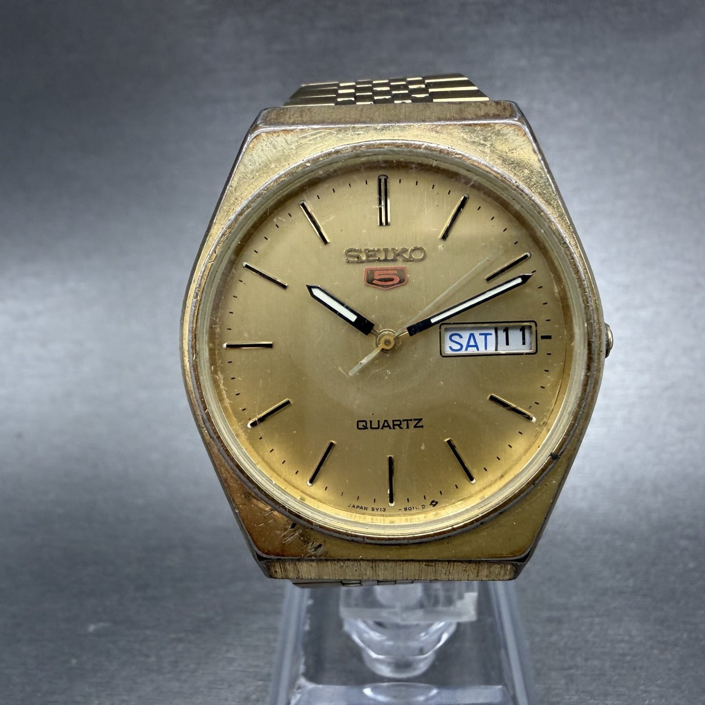 Seiko 5 Watch Men 34mm Champagne Dial Gold Tone Daydate 5Y13-8010 New Batt READ!2