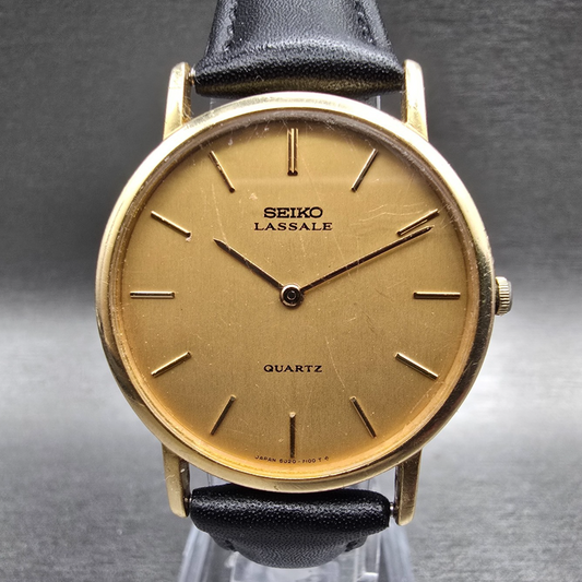 Seiko Lassale Watch Men 31mm Gold Dial 14K Gold Bezel Round 6020-7079 New Batt0