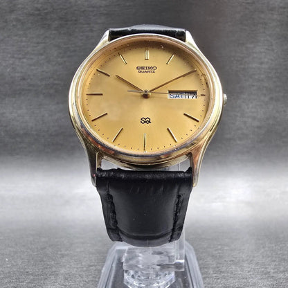 Seiko SQ Watch Men 33mm Gold Dial Gold Tone Daydate Round 5H23-7B09 New BatteryP5