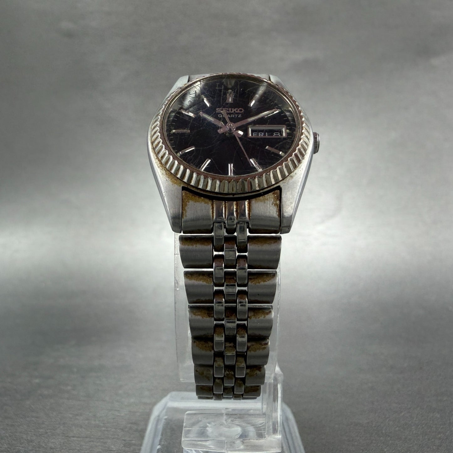 Seiko Watch Women 24mm Black Tone Silver Tone Daydate Round 7N83-0041 New Batter5