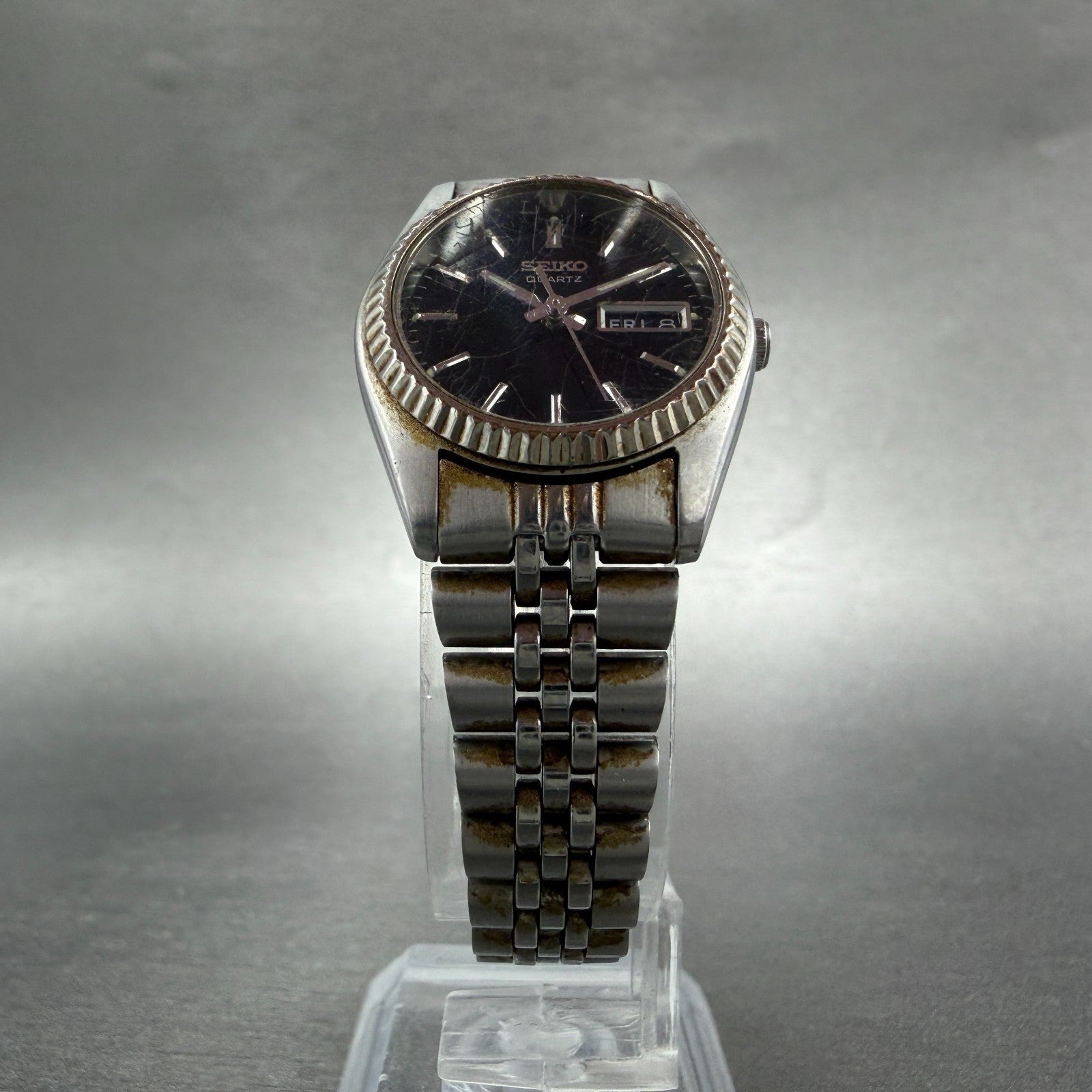 Seiko Watch Women 24mm Black Tone Silver Tone Daydate Round 7N83-0041 New Batter5