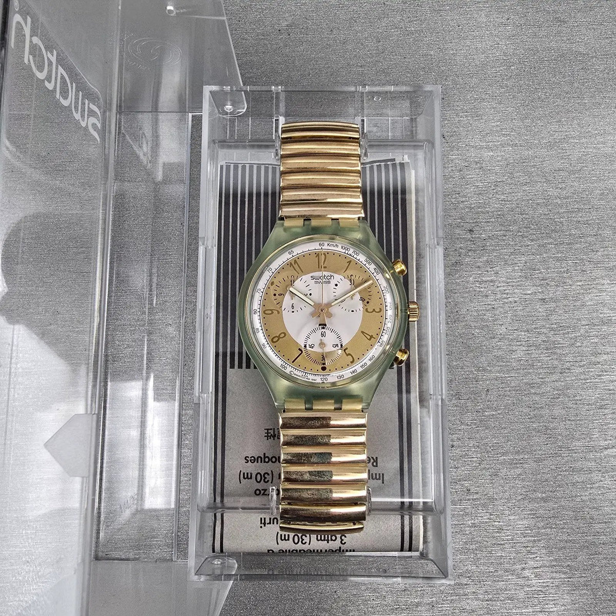 Swatch Chrono Golden Globe Watch Men 37mm Gold Dial Green Case SCG100 NewBat NOS1