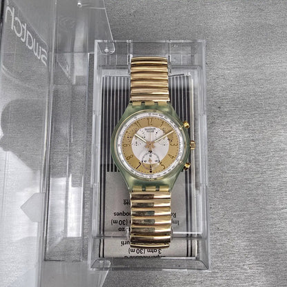 Swatch Chrono Golden Globe Watch Men 37mm Gold Dial Green Case SCG100 NewBat NOS1