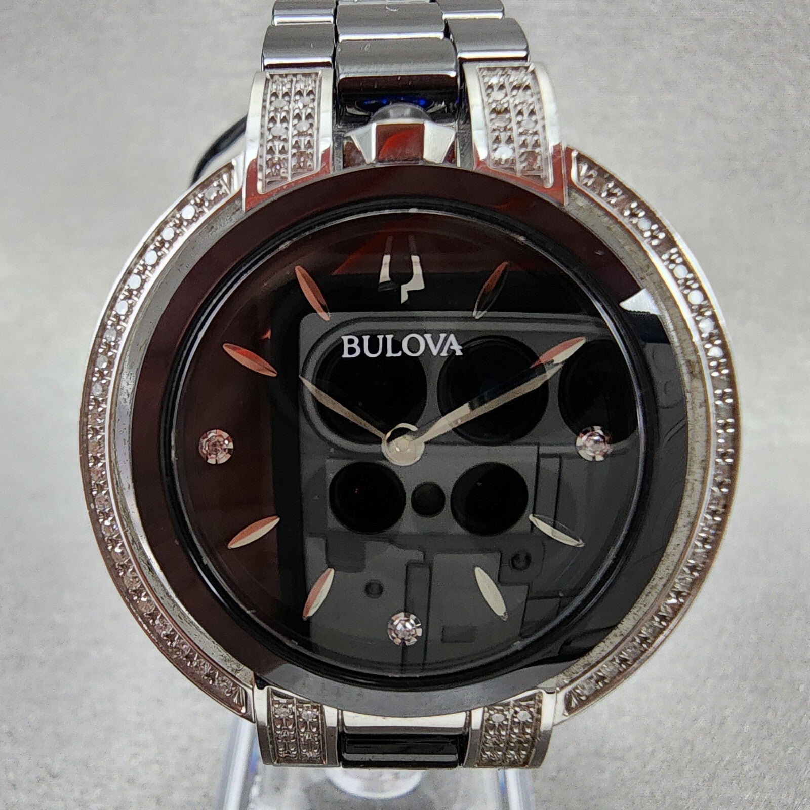 Bulova Rubaiyat Watch Women 35mm Black Dial Black Ceramic Diamond Bezel 98R2661