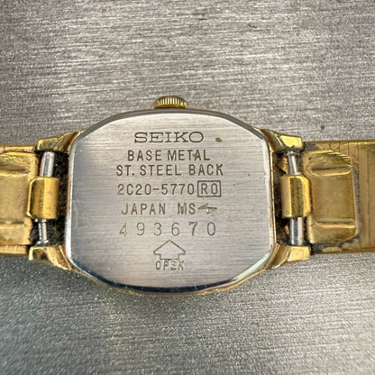 Seiko Watch Women 16mm Gold Dial Gold Tone Rectangle 2C20-5770 New Battery VTG10