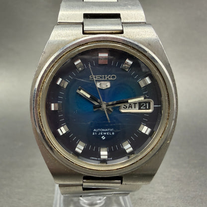 Seiko 5 Automatic Watch Men 37mm Blue Dial Silver Tone Daydate 6119-7460 Runs0
