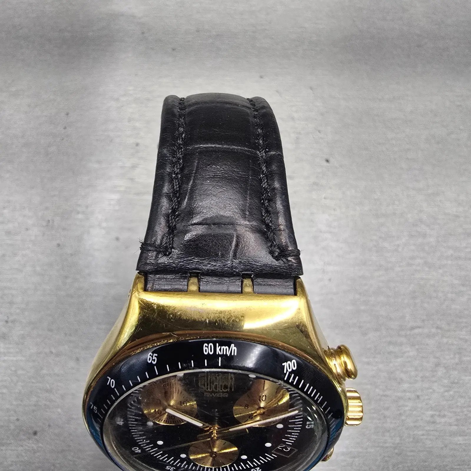 Swatch Irony GOLDFINGER Watch Men Black Dial Gold Case Chrono YCG401 New Battery4
