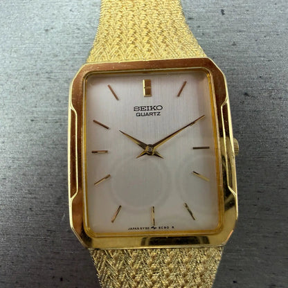 Seiko Tank Watch Men 25mm Silver Dial Gold Tone Rectangle READ! 5Y30-5B49 NewBat1