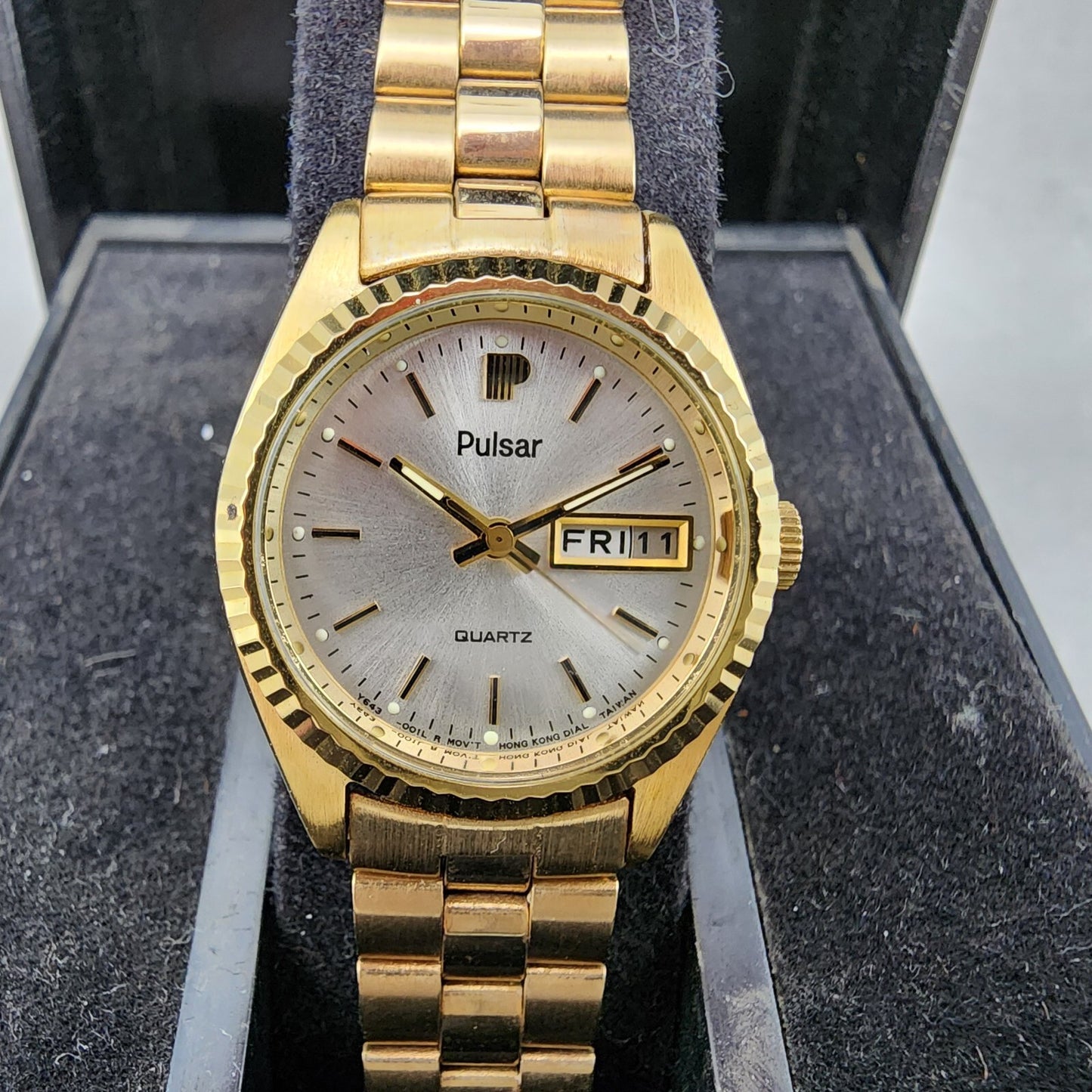 Pulsar President Watch Women 24mm Gold Dial Gold Tone Daydate Round New Batt NOS1