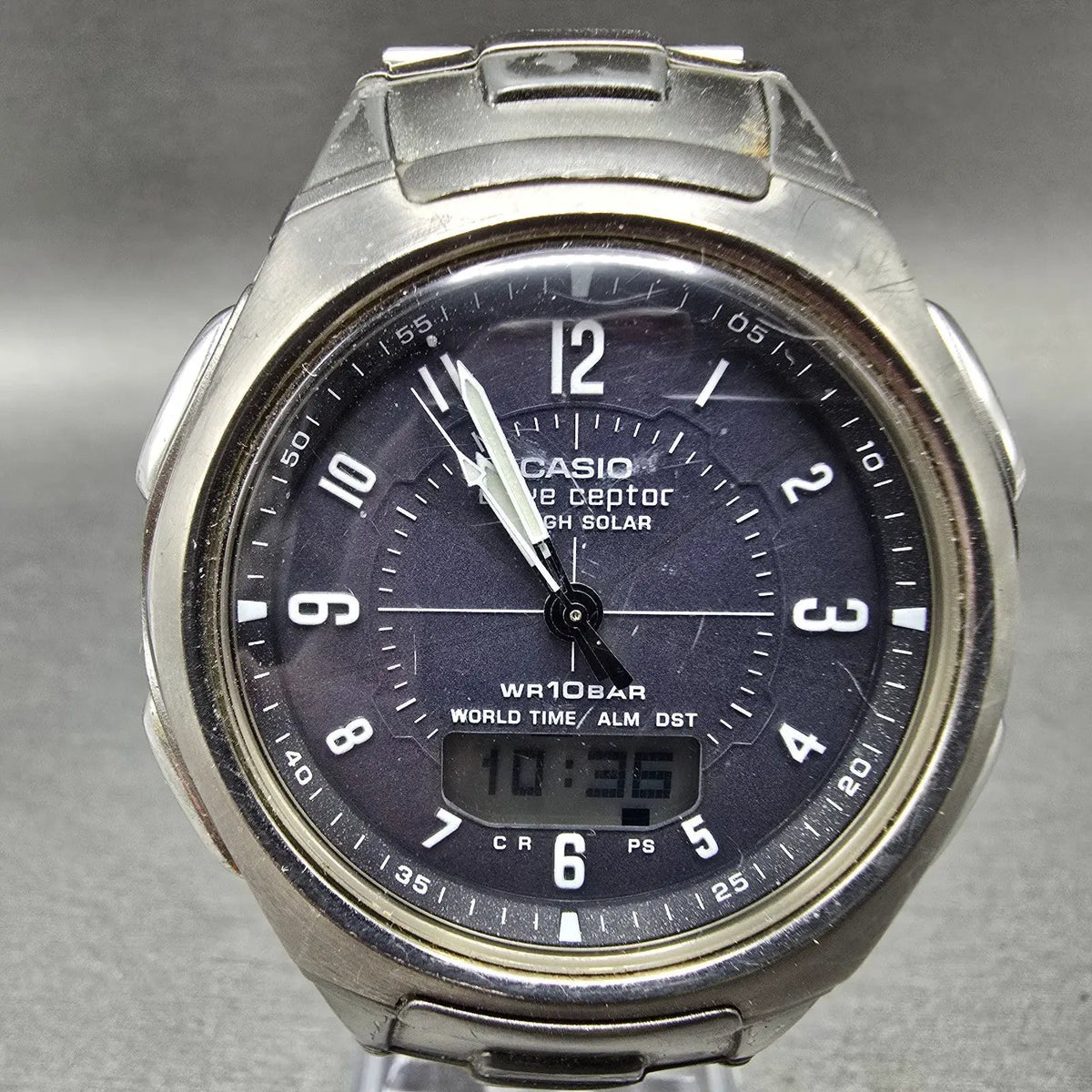Casio WVA-430TJ Watch Men 42mm Blue Dial Silver Alarm Chrono Waveceptor PARTS0