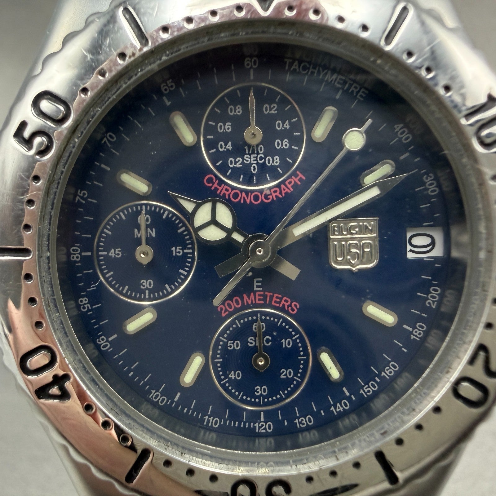 Elgin Chrono Watch Men 39mm Blue Dial Silver Tone Date Round FK-667 New Battery1