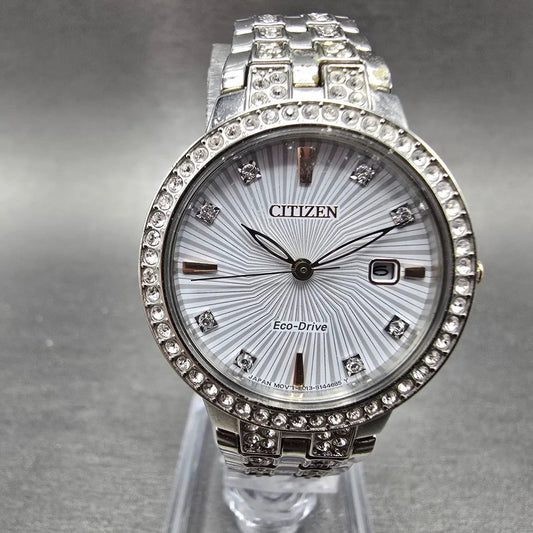 Eco-Drive Silhouette Crystal Watch Women 28mm White Dial Silver Date EW2340-58A0