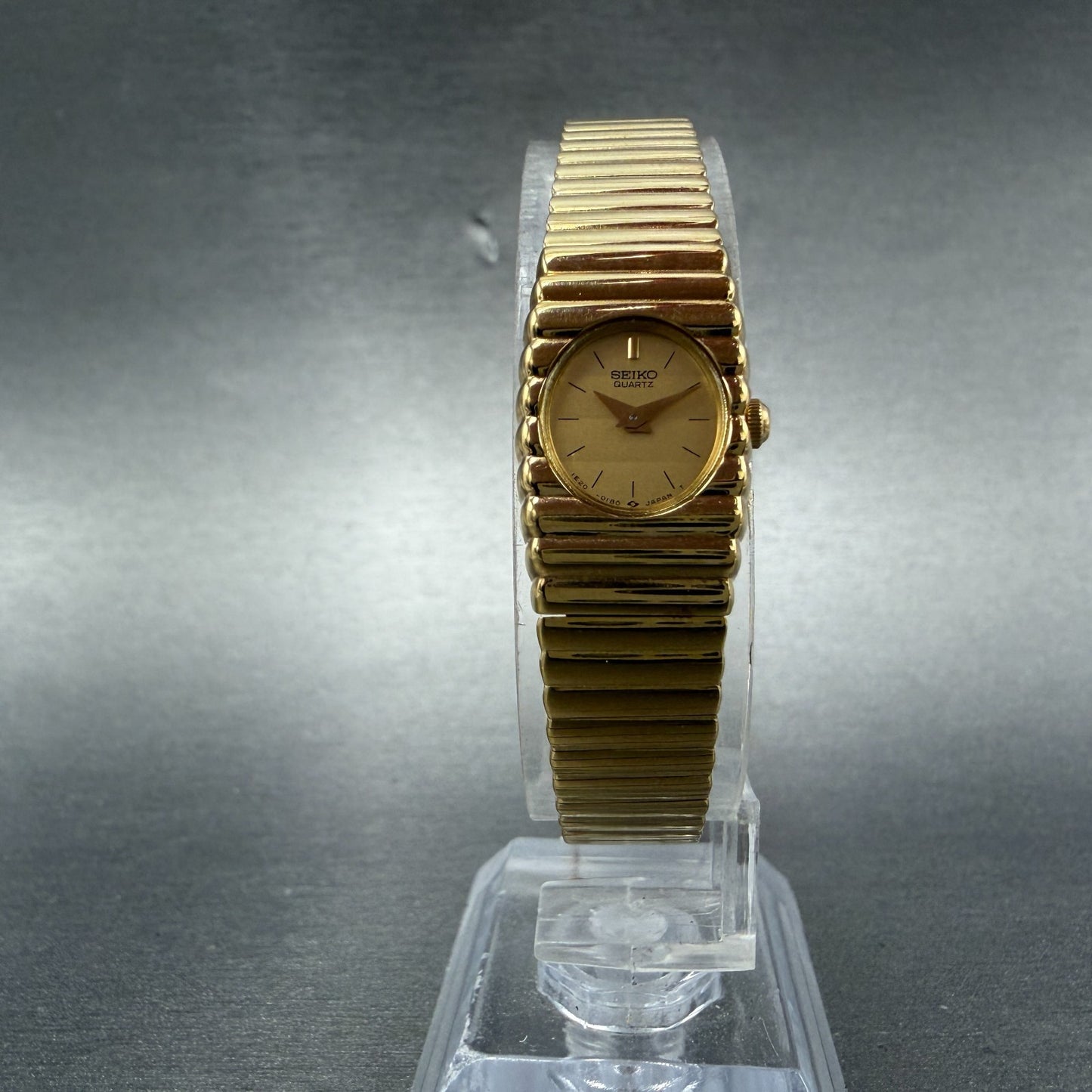 Seiko Watch Women 14mm Gold Dial Gold Tone Rectangle 1E20-5099 New Battery NOS5