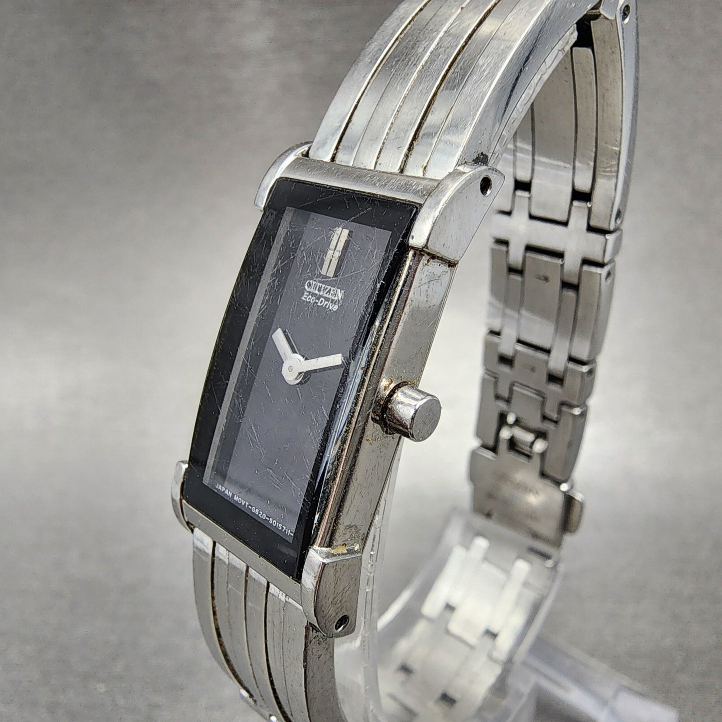 Citizen EcoDrive Tank Watch Women 14mm Black Dial Silver Tone Rectangle Runs2