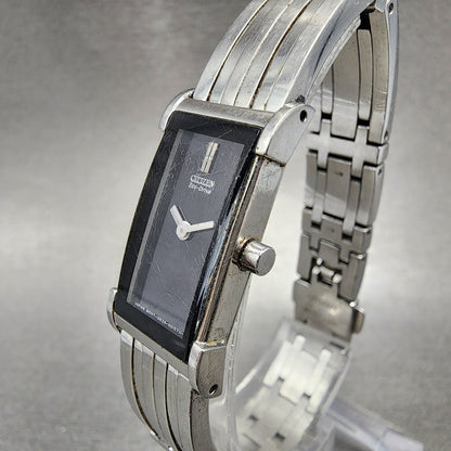 Citizen EcoDrive Tank Watch Women 14mm Black Dial Silver Tone Rectangle Runs2