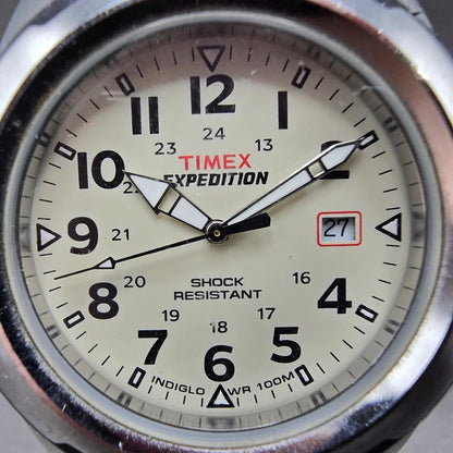 Timex Expedition Watch Men 41mm Cream Dial Silver Tone Date T49261 New Battery K1