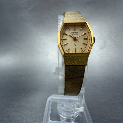 Citizen CQ Watch Women 17mm Champagne Dial Gold Tone Octagon 4-103041 NewBattery5