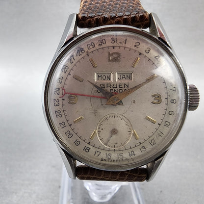 Gruen Triple Calendar Watch Men 31mm Silver Dial Silver Tone Small Seconds READ!1