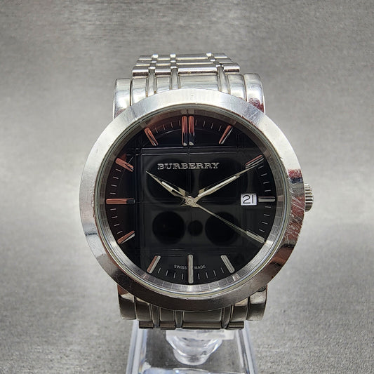 Burberry Watch Men 38mm Black Dial Steel Date Round BU1364 New Battery