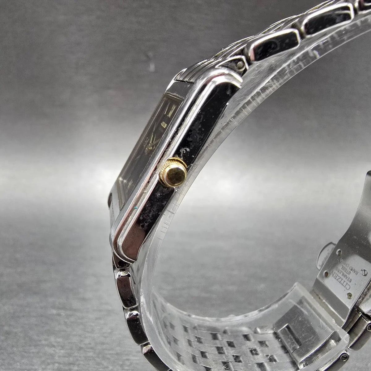 Citizen Eco-Drive Stiletto Tank Watch Women 19mm Black Dial Two Tone Works JP2