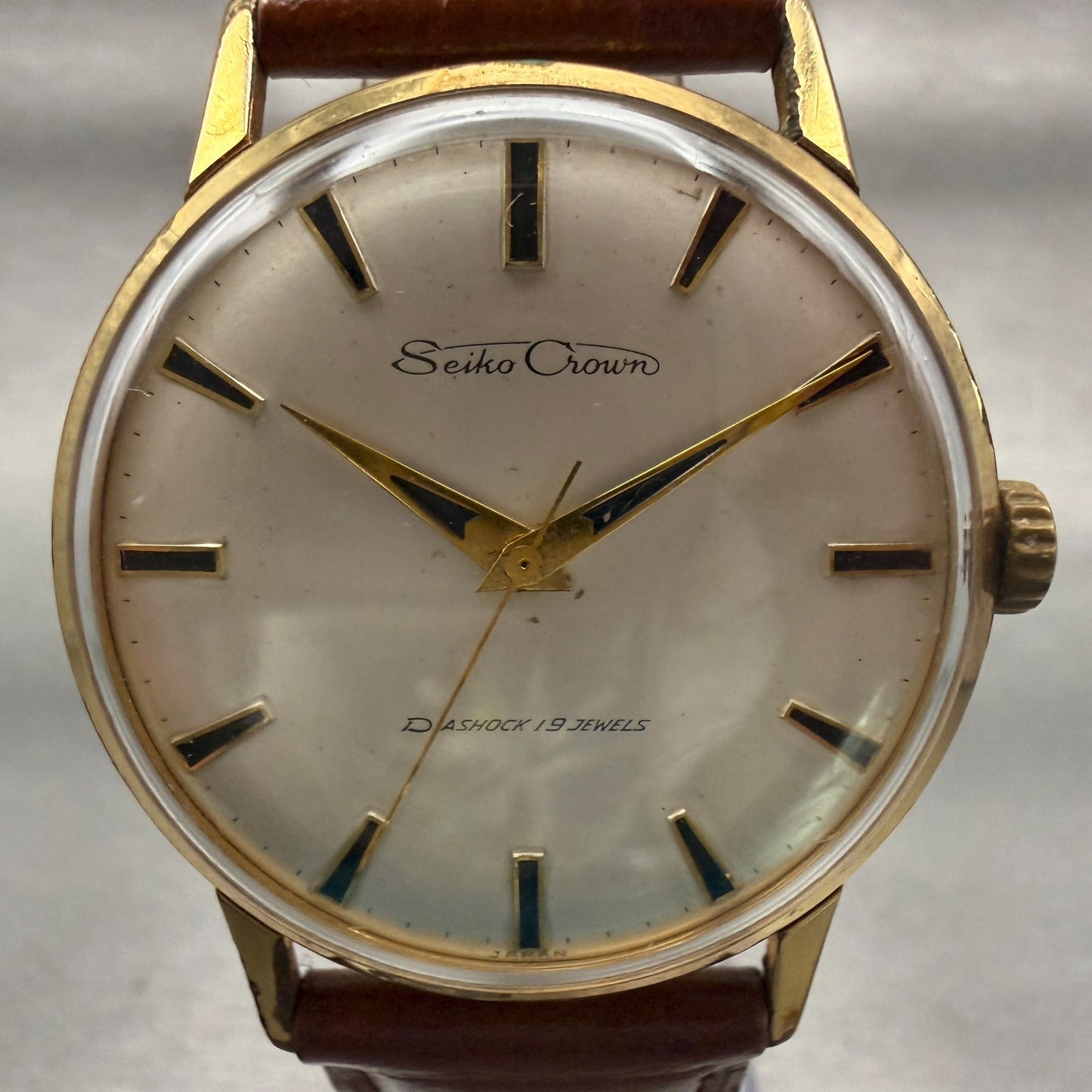 Seiko Crown Watch Men 34mm Champagne Dial Gold Tone Round J14036 Manual Wind1