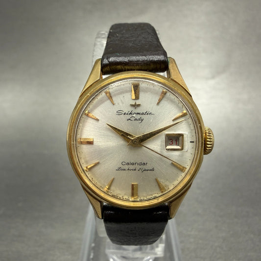 Seiko SeikoMatic Lady Watch Women 23mm Silver Dial Gold Tone Date Runs Vintage0