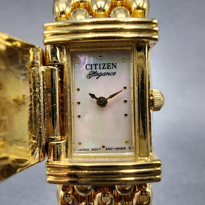 Citizen Elegance Tank Watch Women 15mm MOP Dial Gold Tone Hide Away New Batt B121