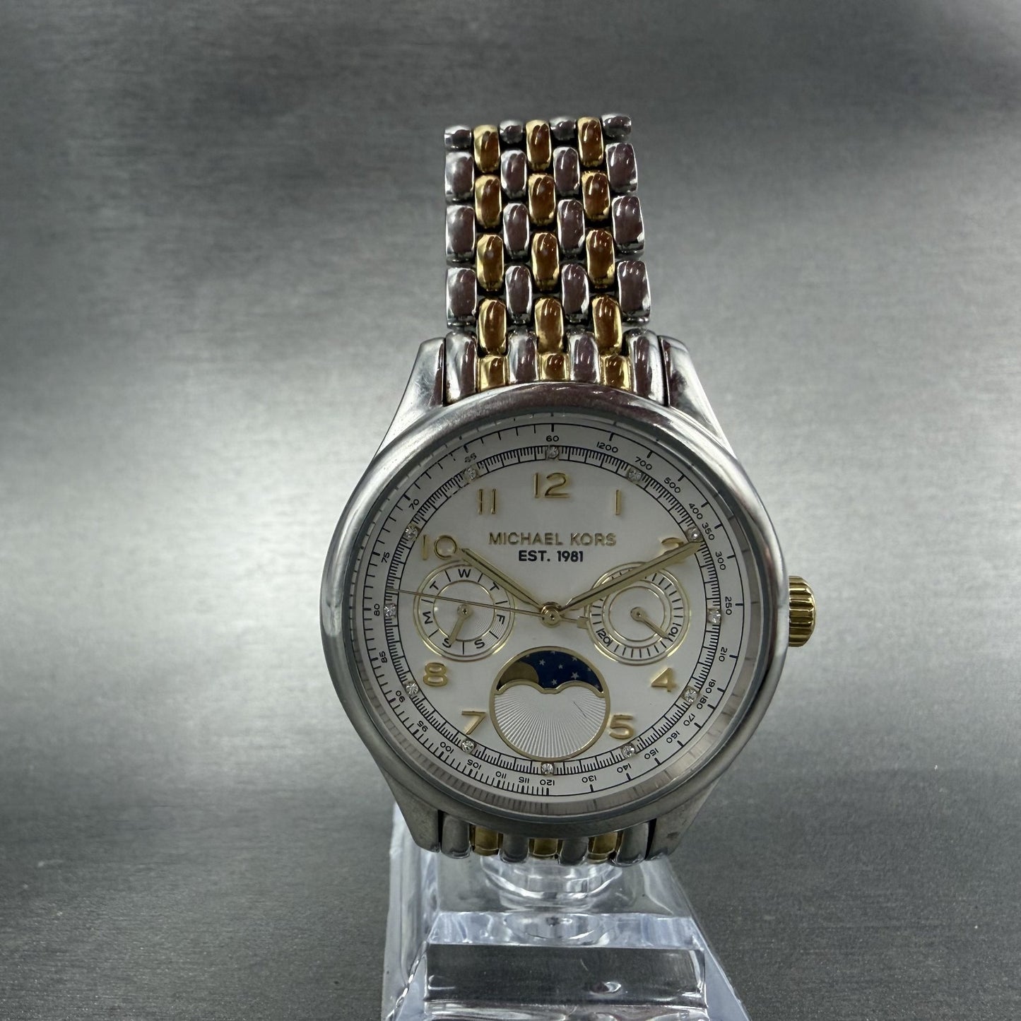 Michael Kors Amelia Moonphase Watch Women 38mm White Dial Two Tone New Battery5