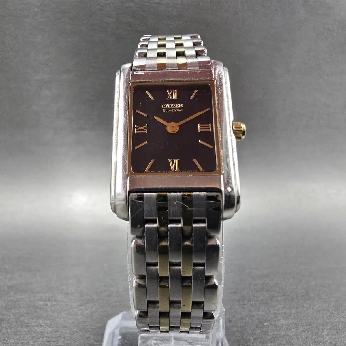 Citizen Eco-Drive Stiletto Tank Watch Women 19mm Black Dial Two Tone Works JP5