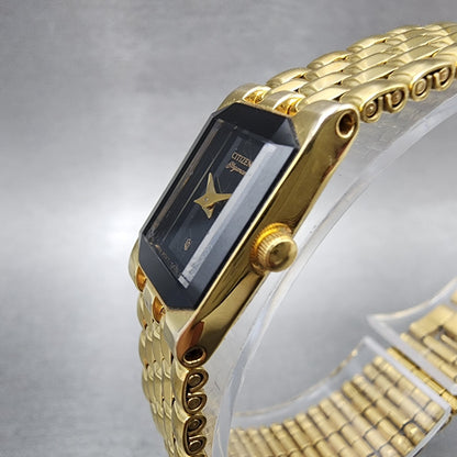 Citizen CQ Elegance Tank Watch Women 14mm Black Dial Gold Tone 5421S17764 NewBat2