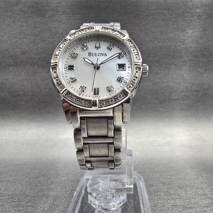 Bulova Womens Watch 29mm MOP Dial Silver Tone Date Diamonds 96R105 New Battery5