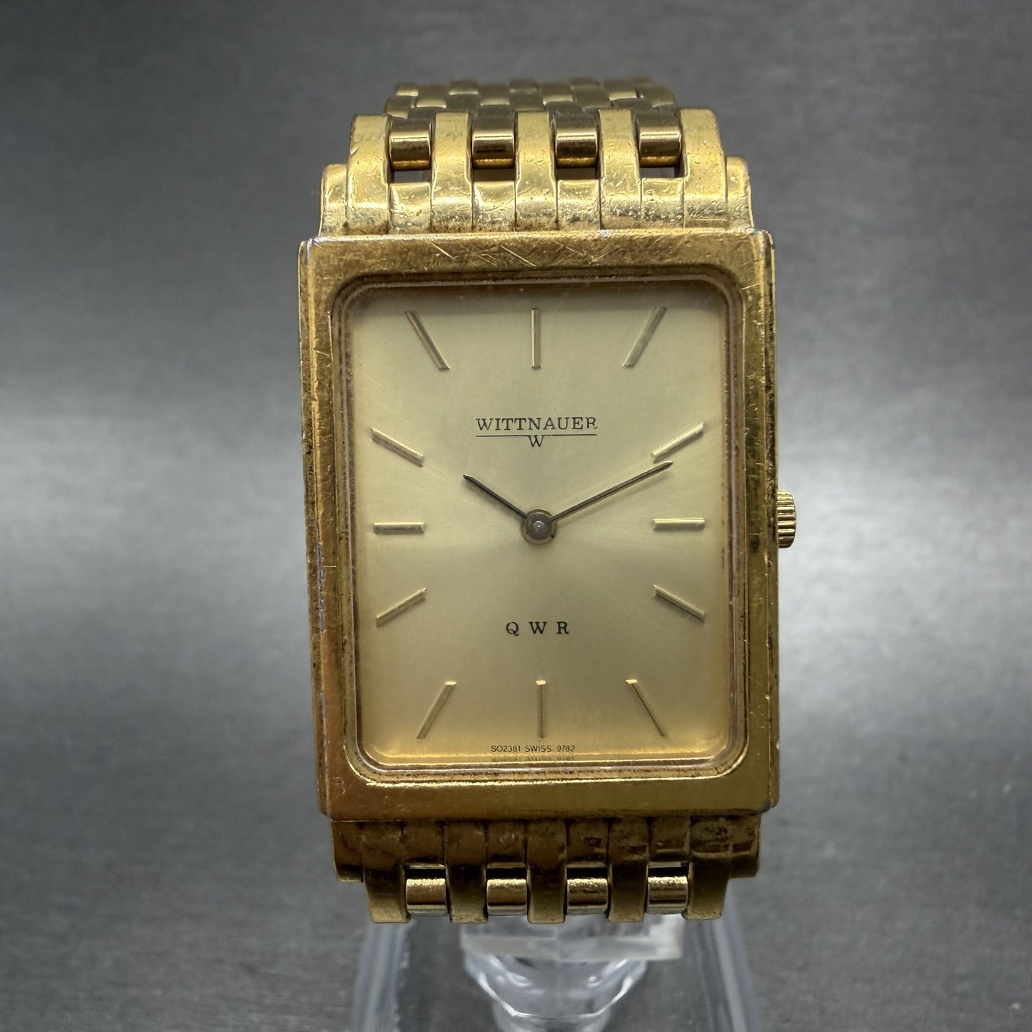 Wittnauer QWR Tank Watch Men 23mm Gold Dial Gold Tone Rectangle New Battery ABC0
