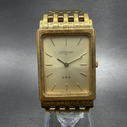 Wittnauer QWR Tank Watch Men 23mm Gold Dial Gold Tone Rectangle New Battery ABC0
