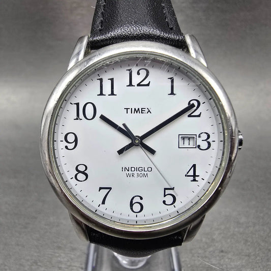 Timex Easy Reader Watch Men 35mm White Dial Silver Tone Date Round New Battery W0