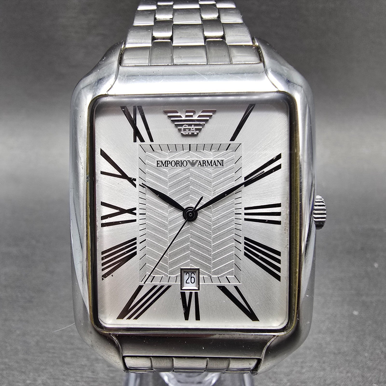 Emporio Armani Tank Watch Men 35mm White Dial Steel Date Rectangle New Battery D0