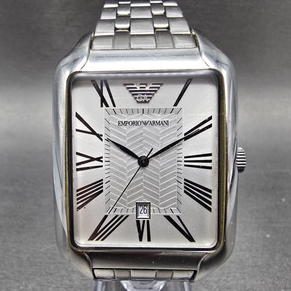 Emporio Armani Tank Watch Men 35mm White Dial Steel Date Rectangle New Battery D0