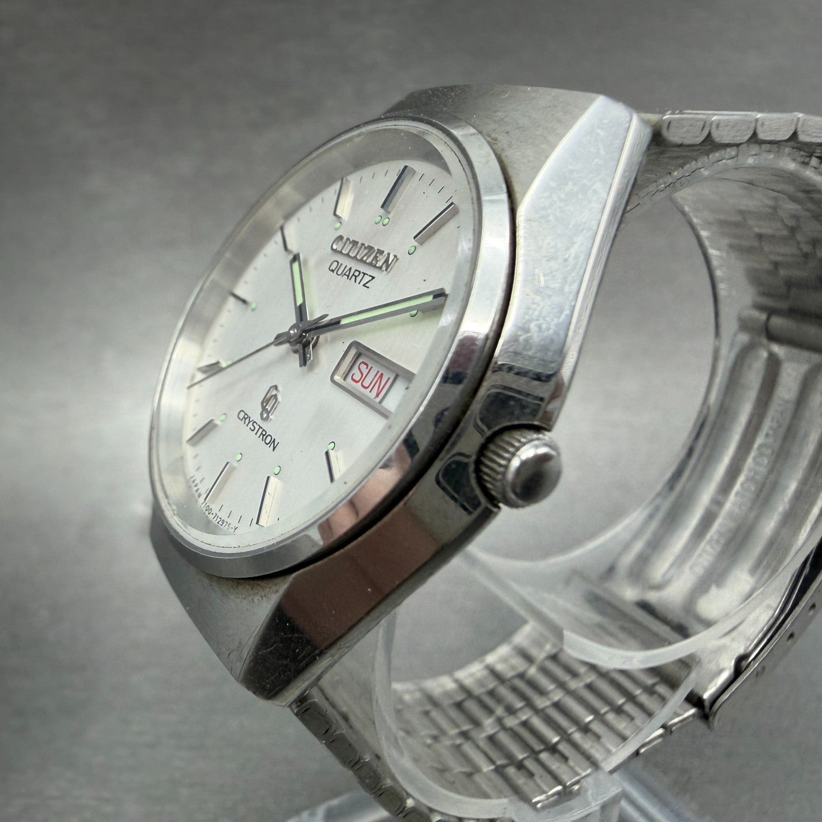 Citizen Crystron Watch Men 35mm Silver Dial Steel Daydate 4-730810 New Battery2