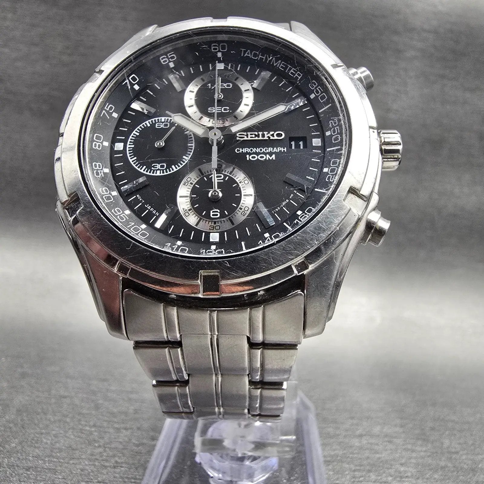 Seiko Chronograph Watch Men 42mm Black Dial Silver Tone Date 7T92-0LR0 New Batt5
