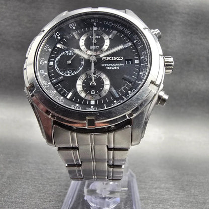 Seiko Chronograph Watch Men 42mm Black Dial Silver Tone Date 7T92-0LR0 New Batt5
