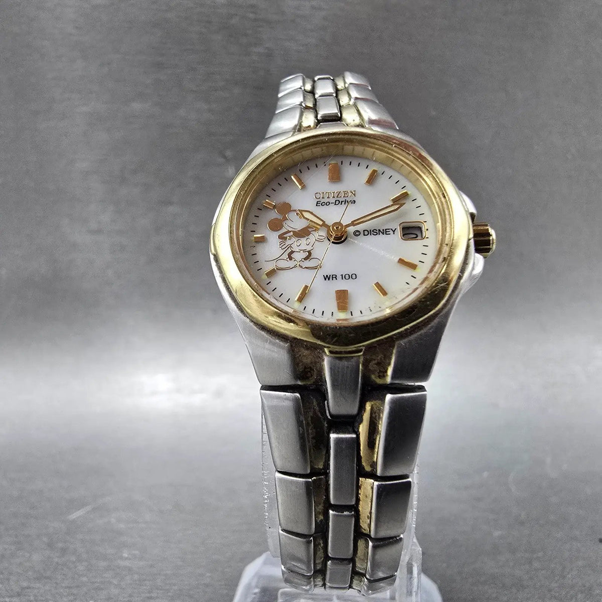 Citizen Eco-Drive Watch Women 25mm White Dial Two Tone Date Mickey Mouse Works5