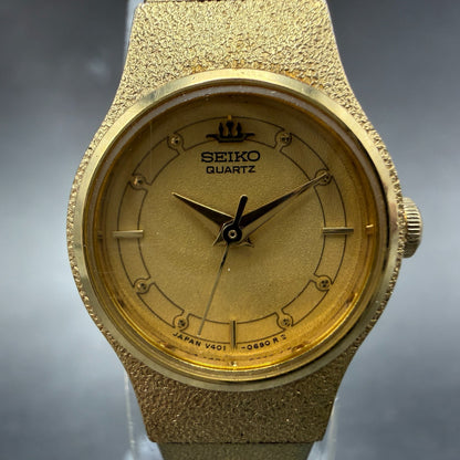 Seiko Watch Women 18mm Gold Dial Gold Tone Round Vintage V401-0250 New Battery W1