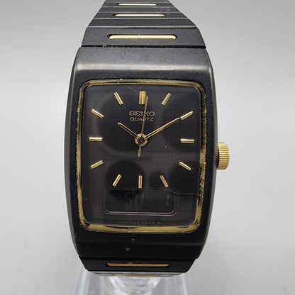 VTG Seiko Watch Women 22mm Analog Digital Black Gold Tone Rectangle New Battery