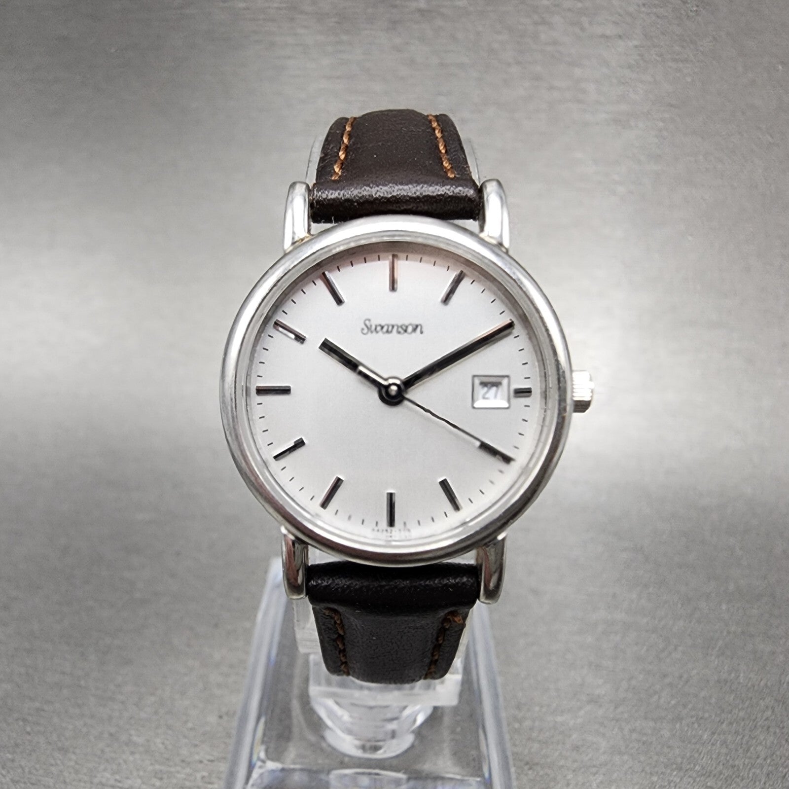 Swanson Watch Women 24mm Silver Dial Steel Date Round Leather New Battery0