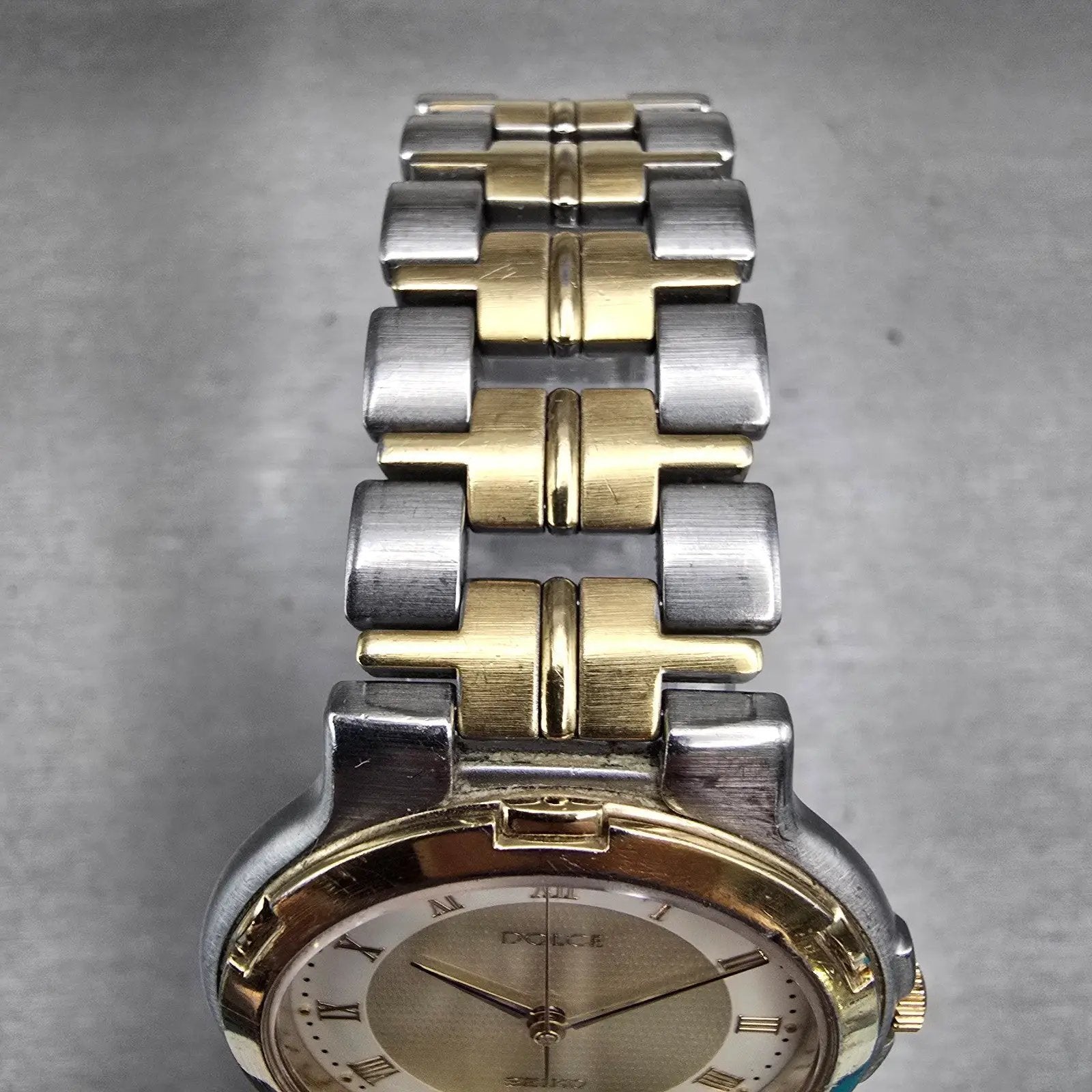 Seiko Dolce Watch Men 33mm Champagne Dial Two Tone Round 5E31-6D40 New Battery4