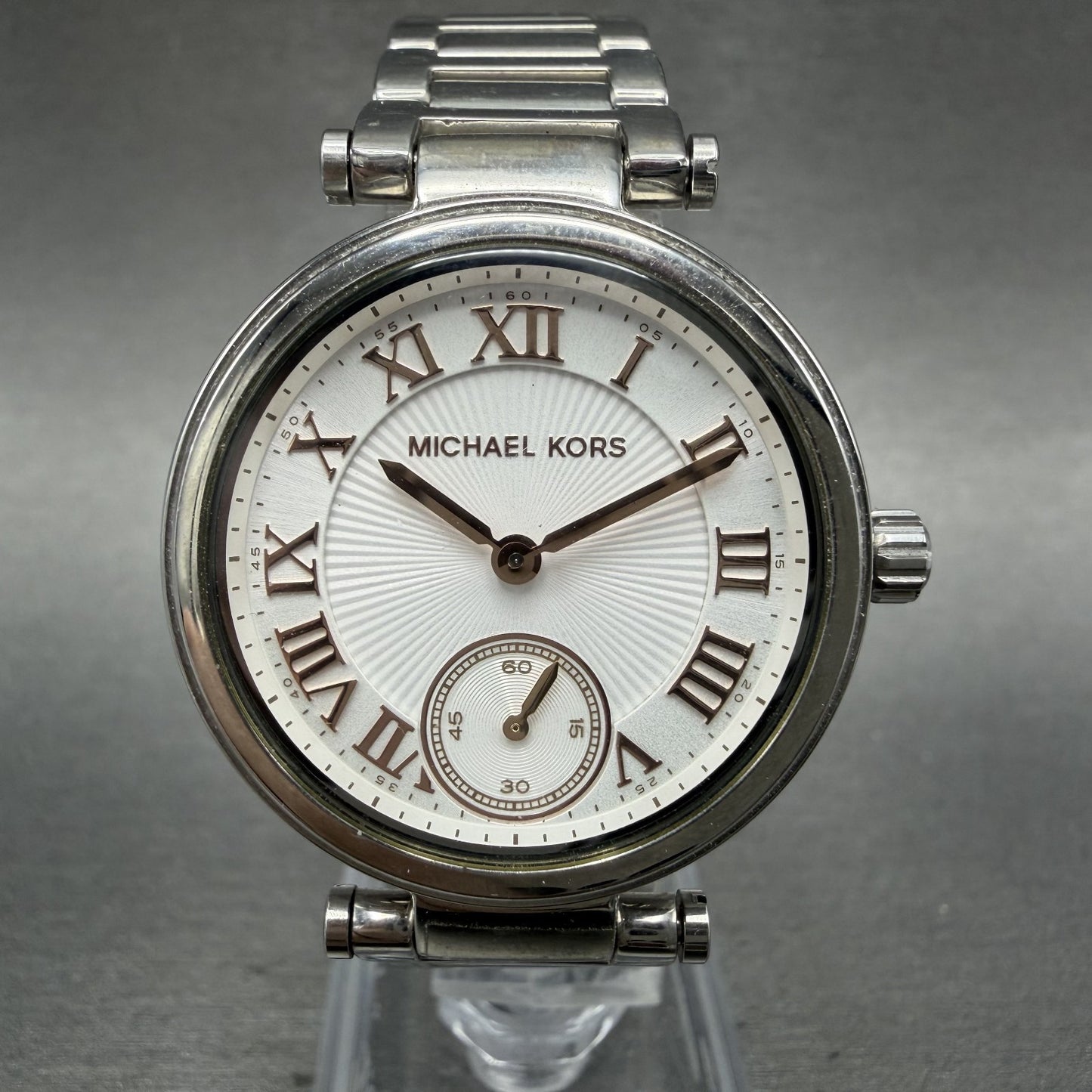 Michael Kors Skylar Watch Women 33mm White Dial Silver Tone Round New Battery0
